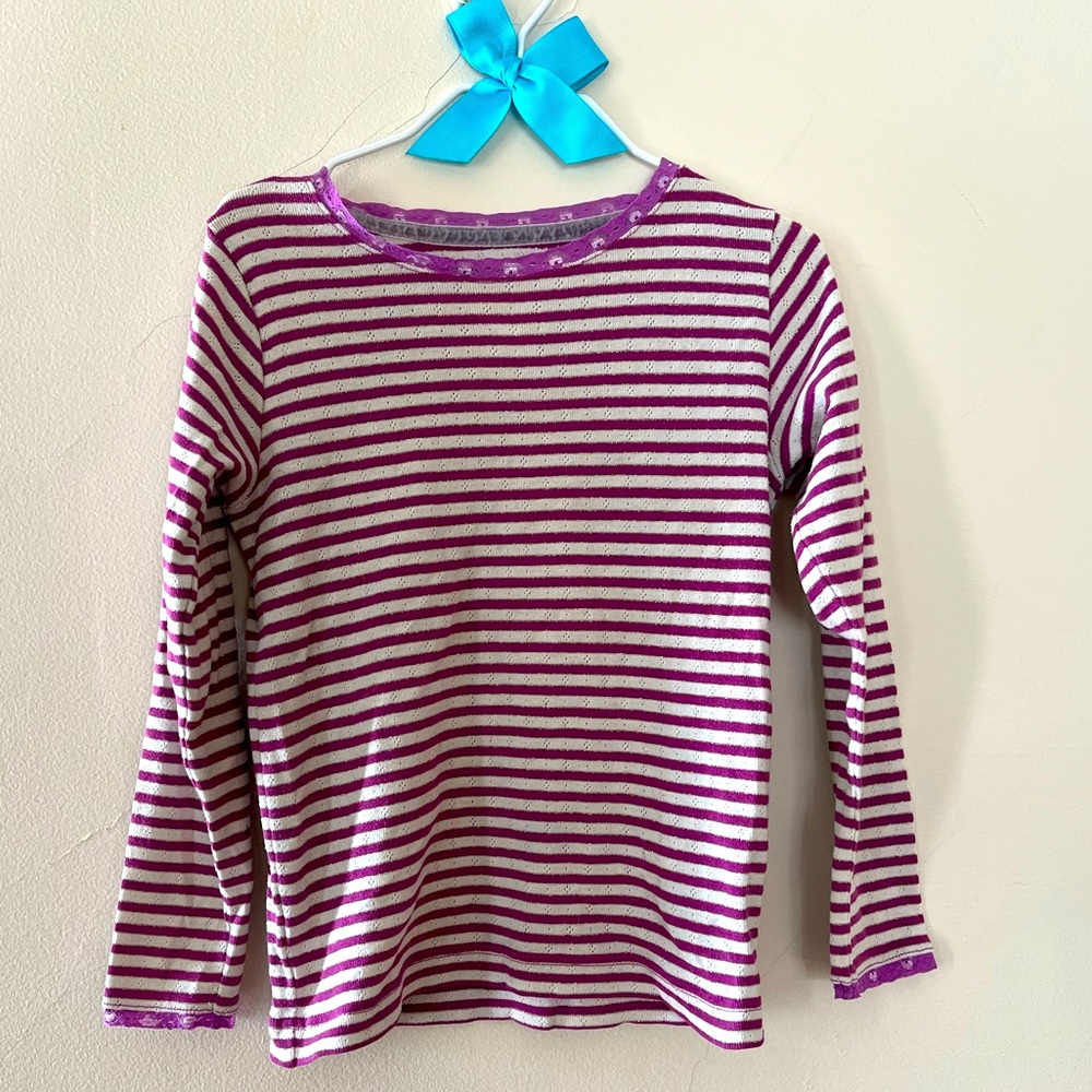 Mini Boden long sleeve shirt. Striped Purple and White. Lace collar. Size 6-7.